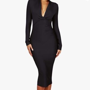 Black Midi Deep V Long Sleeve Bandage Dress
